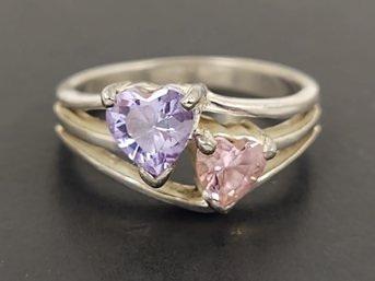 VINTAGE STERLING SILVER PURPLE & PINK CZ HEARTS RING