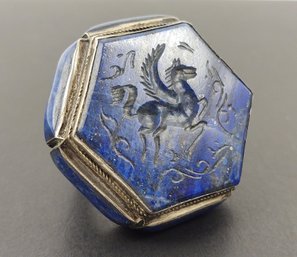 AMAZING VINTAGE STERLING SILVER CARVED LAPIS PEGASUS INTAGLIO OTTOMAN RING