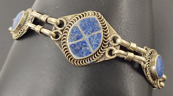 VINTAGE MIDDLE EASTERN NICKEL SILVER & LAPIS LAZULI INLAID BRACELET