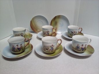 German Set Of 6 Teacups With Images Of Children Playing, Together With 8 Matching Saucers  MW/D3