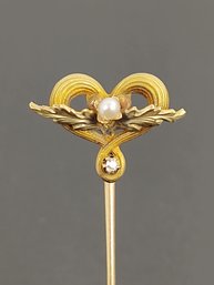 ANTIQUE ART NOUVEAU 14K GOLD DIAMOND & PEARL STICK PIN