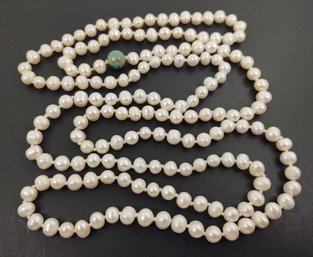 60' LONG VINTAGE 7mm - 9mm PEARL NECKLACE W/ STONE INLAID GLOBE BEAD