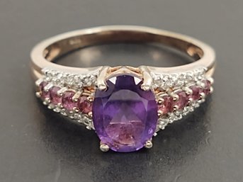 BEAUTIFUL ROSE GOLD OVER STERLING SILVER AMETHYST PINK TOURMALINE & CZ RING