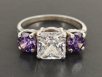 BEAUTIFUL STERLING SILVER PURPLE & WHITE CZ RING