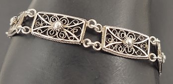 ANTIQUE DUTCH STERLING SILVER FILIGREE PANEL BRACELET