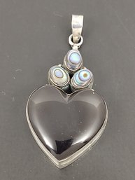 VINTAGE STERLING SILVER ONYX & ABALONE HEART PENDANT