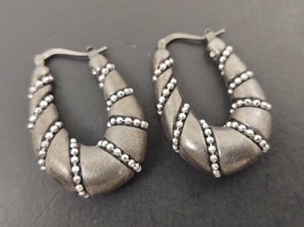 VINTAGE DARKENED STERLING SILVER BEADED HOOP EARRINGS