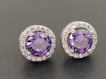 STUNNING STERLING SILVER PURPLE & WHITE CZ HALO STUD EARRINGS