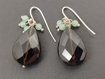 VINTAGE STERLING SILVER SMOKY QUARTZ & JADE DANGLE EARRINGS