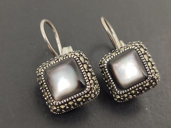 VINTAGE STERLING SILVER MOTHER OF PEARL & MARCASITE EARRINGS