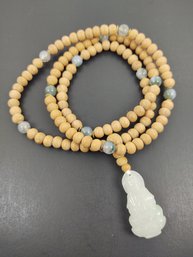 VINTAGE CHINESE JADE & MOSS AGATE WOODEN PRAYER BEADS NECKLACE