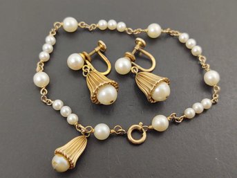 VINTAGE GOLD FILLED PEARL BRACELET & EARRINGS SET