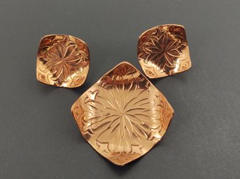 VINTAGE MODERNIST DESIGNER GRET BATRKIN HAND WROUGHT COPPER BROOCH & EARRINGS SET