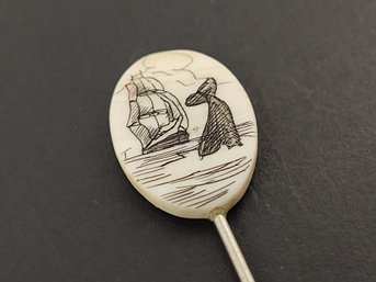 VINTAGE CARVED BONE WHALING SCENE SCRIMSHAW STICK PIN