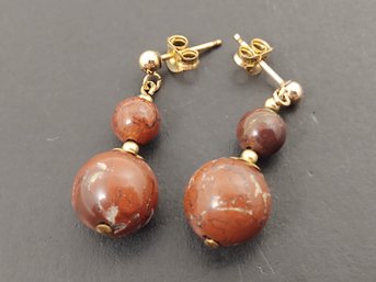 VINTAGE GOLD FILLED JASPER BEADS DROP EARRINGS