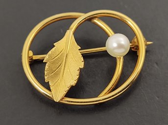 VINTAGE DESIGNER VAN DELL 14K GOLD FILLED PEARL BROOCH