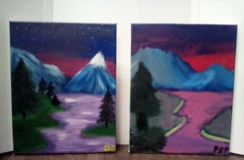 Two Artist Initialled Oil On Canvas Paintings Of Mountainous Region With Water Feature At Forest Edge 212/WAD