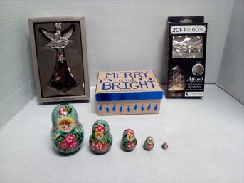 New Angelic Reflections Ornament, Nesting Dolls, Merry & Bright Box & New 20 Ft Led String Lights TT/D3