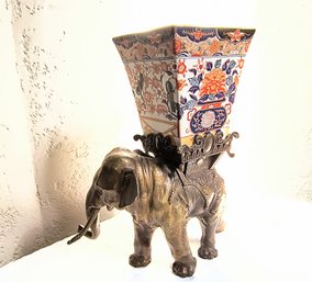 Extraordinary Vase/pot / Jardiniere - Painted Ceramic Pot On Brass Elephant Base