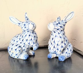 Blue And White Hand Painted Ceramic Bunnies - A Pair