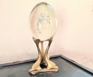 Glass Egg On Gold Toned Base With Fish Designs