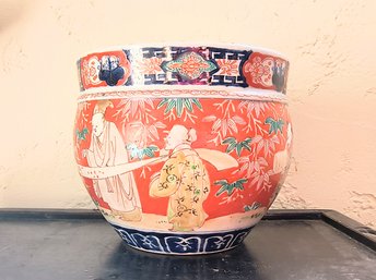 Vintage Painted Ceramic Pot/ Jardiniere On Wood Base