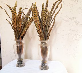 Pair Of Glass Vases With Pheasant Feathers