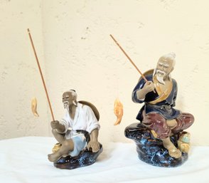 Charming Figurines In Painted Ceramic Depicting Chinese Fisherman