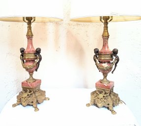 Stunning Vintage Italian Table Lamps In A Dark Rose Colored Marble