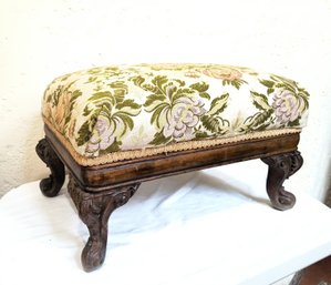 Vintage Footstool With Carved Wood Legs And Tapestry Fabric