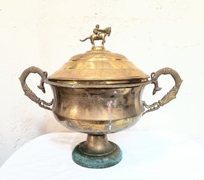 Large Unusual Lidded Bowl In Brass With Horse Rider Figure