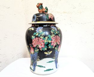 Impressive Black Toned Lidded Ceramic Jar With Foo Dog