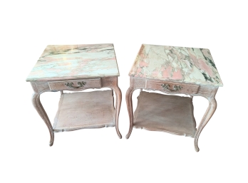 Very Pretty Pair Of Whitewashed Wood Tables With Rose Marble Tops