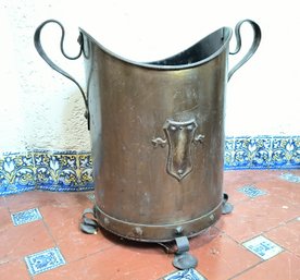 Large Brass Bin With Feet And Handles - Could Be An Umbrella Stand Or For Kindling