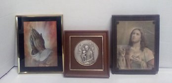 Religious Artwork Trio - Jesus Print, Pewter Holy Mother Mary & Praying Hands   TT/d4