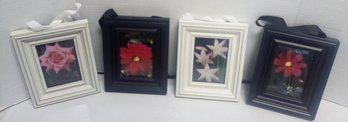 Four Frame Flowers - 2 White, 2 Black, With Satin Ribbon To Hang - Showing Pretty Flower Prints TT/C3