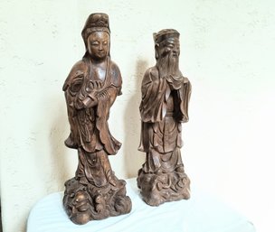 Large Vintage Asian Faux Bois Figures, Man And Woman