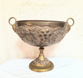 Large Vintage Metal Footed Bowl With Embossed Designs And Handles