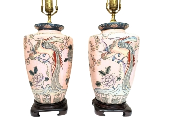 Pair Of Rose Toned Chinoiserie Painted Ceramic Table Lamps