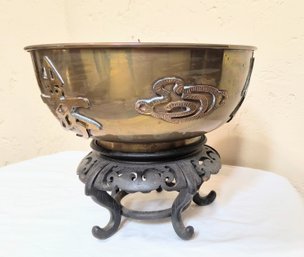 Vintage Metal Bowl With Asian Design And Wood Base