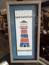 Juvenile Nautical Shadowbox Plaque Of Lighthouse - Print On Wood Inside Glass Frame TT/WAD