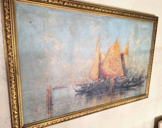 Large Signed And Framed Vintage Painting Of A Sailing Ship