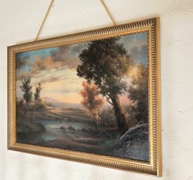 Large Framed Work On Canvas In An Antique Landscape Style