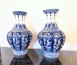 Pair Of Blue And White Painted Ceramic Vases