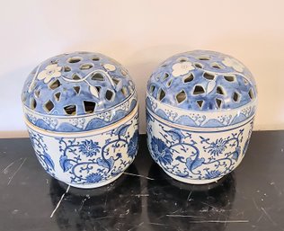 Pair Of Blue And White Ceramic Bowls With Perforated Lids