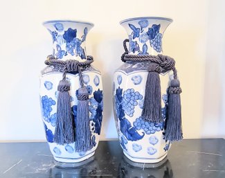 Large Pair Of Blue And White Vases With Detachable Tassels