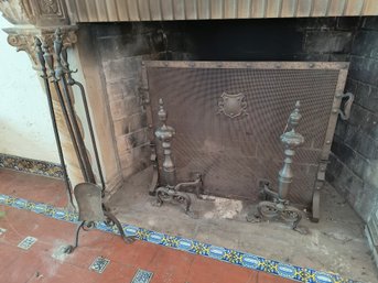 Large Vintage Fireplace Screen, Pair Of And Irons And Fireplace Tools