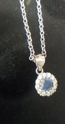 Sterling 925 Pendant On 925 Sterling Chain Marked Italy - Sparkling Facets & Blue Center TT/D3