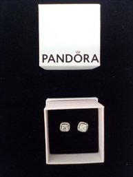 Pandora Sparkling Pierced Earrings In Silver Tone Setting With Gift Box    Suz/D3