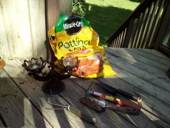 Rusted Vintage Iron Candle Holders, 4 Garden Tools & 1/8th Of A 2 Cu Ft.bag Of Miracle-Gro Potting Soil (Deck)